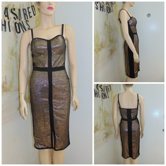 Sexy Black & Gold Pencil Bodycon WOW Dress XS/S - Picture 1 of 4